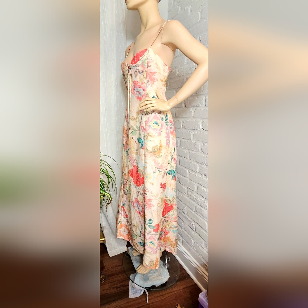 Significant Other Floral Midi Dress Size 10 Peach Coral Lace-Up Bodice - Picture 3 of 14